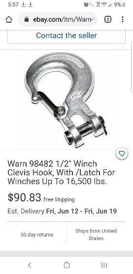 WARN 98482 Winch Hook, 1/2 Clevis type w/Latch for Winches up to 16,500  lbs.